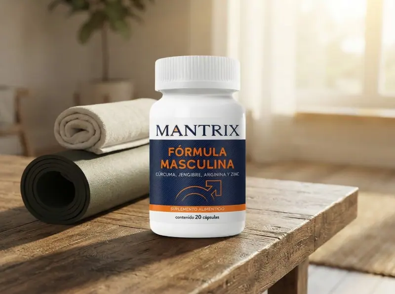 Mantrix Fórmula Masculina: frasco junto a tapetes de yoga y una toalla, luz de mañana