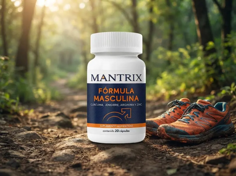 Mantrix Fórmula Masculina: frasco sobre un sendero de bosque junto a tenis de correr