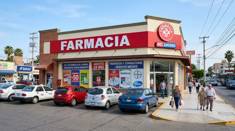 Mantrix Potencia: fachada de una sucursal de Farmacias del Ahorro en una calle de México