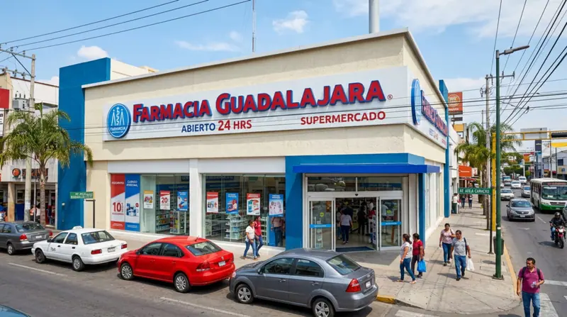 Mantrix Potencia: fachada de una sucursal de Farmacia Guadalajara y supermercado
