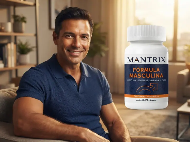 Mantrix Fórmula Masculina: hombre con polo azul marino sonríe a la cámara, frasco a su lado