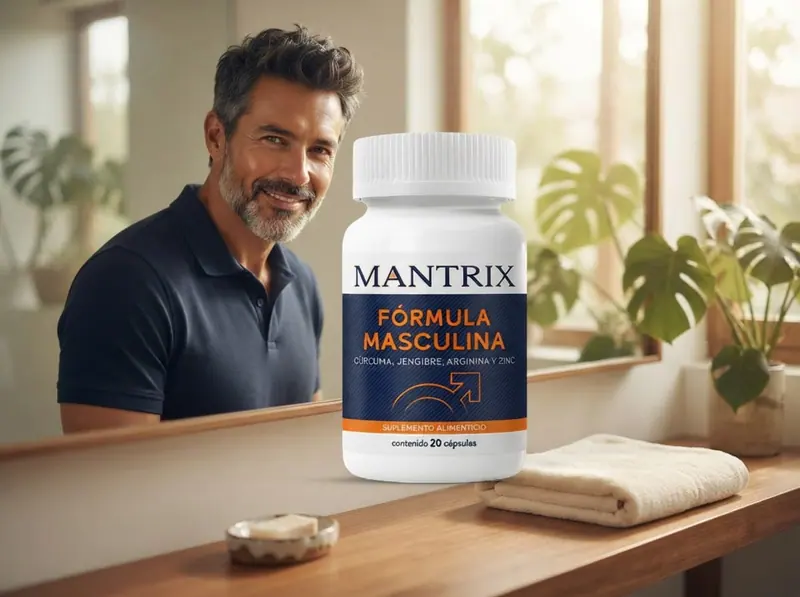 Mantrix Fórmula Masculina: hombre de barba canosa con polo azul, frasco sobre la mesa de madera