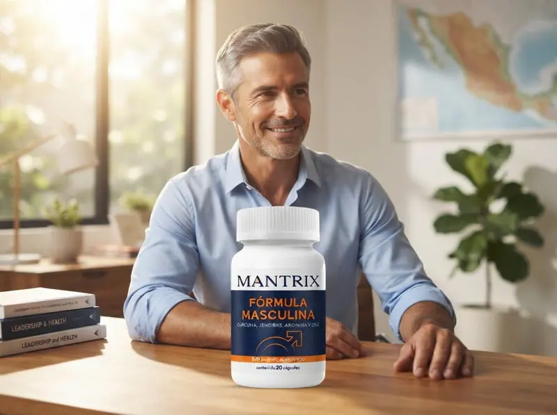 Mantrix Fórmula Masculina: hombre de camisa azul sentado junto a una ventana y el frasco