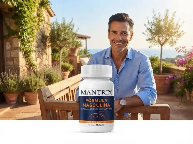 Mantrix Fórmula Masculina: hombre sonriente en una terraza mediterránea con el frasco al frente