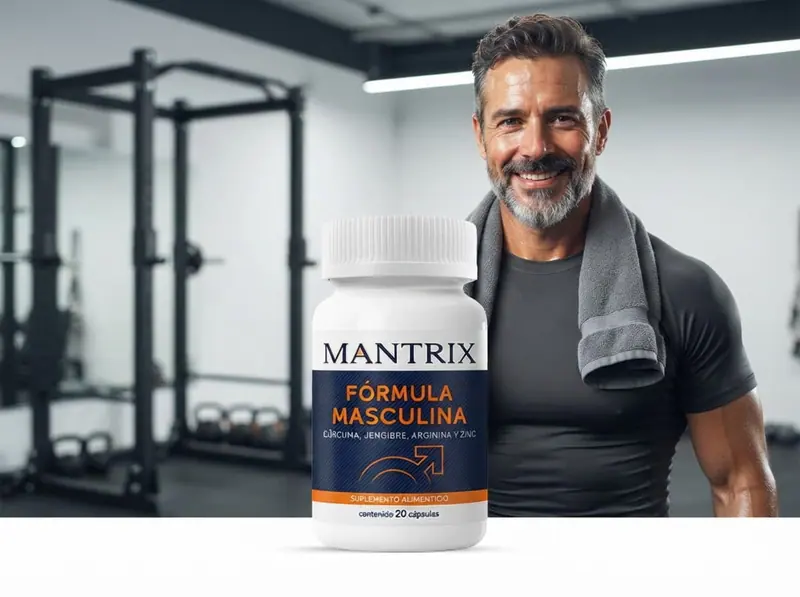 Mantrix Fórmula Masculina: hombre con toalla al cuello en un gimnasio, frasco sobre la plataforma