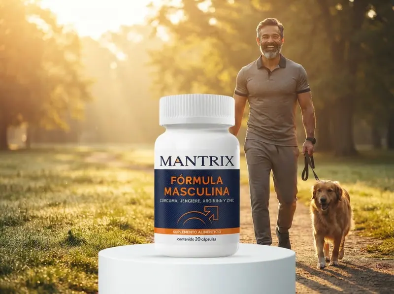 Mantrix Fórmula Masculina: hombre pasea a su perro al amanecer en un parque, frasco sobre una plataforma blanca