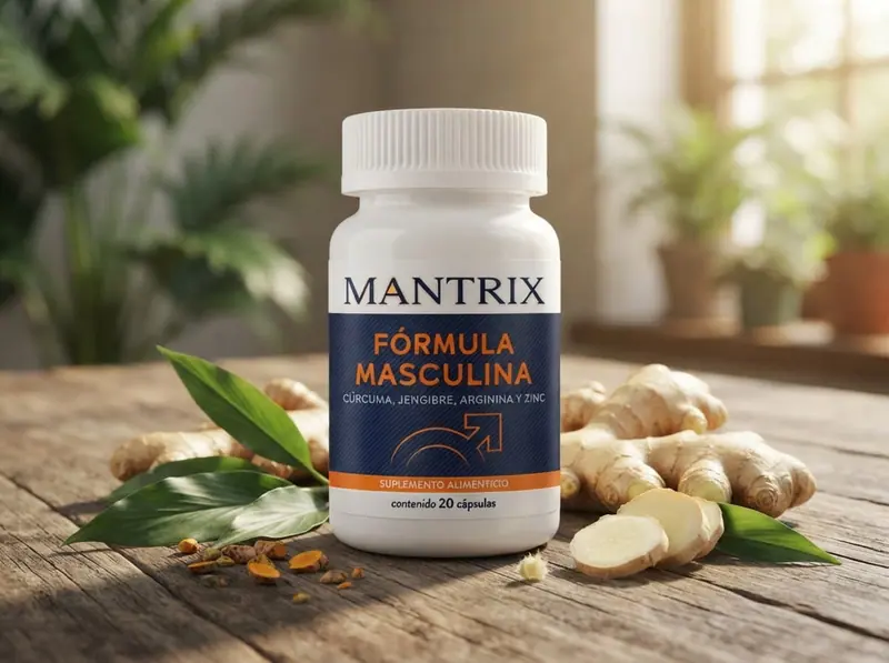Mantrix Fórmula Masculina: frasco con hojas verdes y jengibre sobre mesa de madera