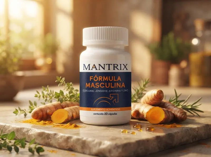 Mantrix Fórmula Masculina: frasco entre cúrcuma fresca y cápsulas sobre piedra cálida
