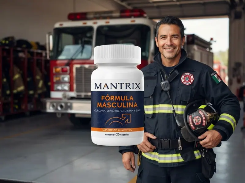 Mantrix Fórmula Masculina: bombero sonriente con casco bajo el brazo y el frasco a su lado