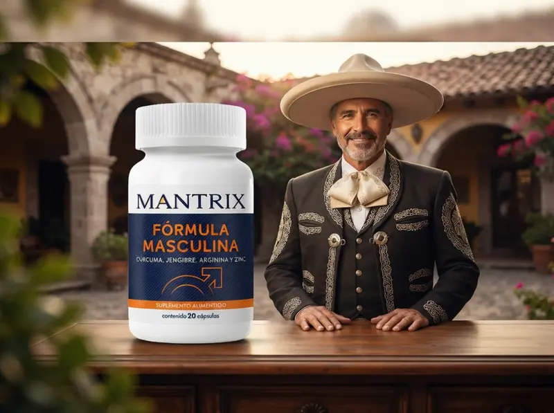 Mantrix Fórmula Masculina: charro con traje tradicional sonríe frente a un arco colonial