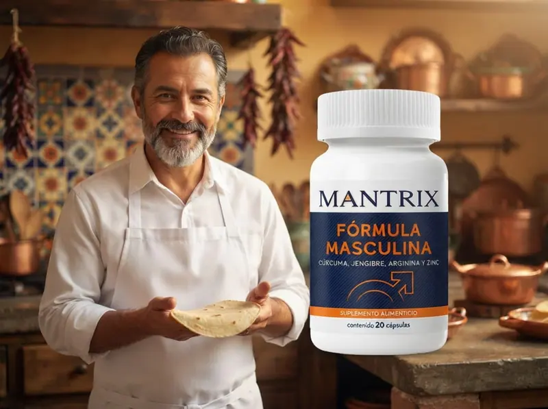 Mantrix Fórmula Masculina: cocinero mexicano sostiene una tortilla recién hecha, frasco a su lado