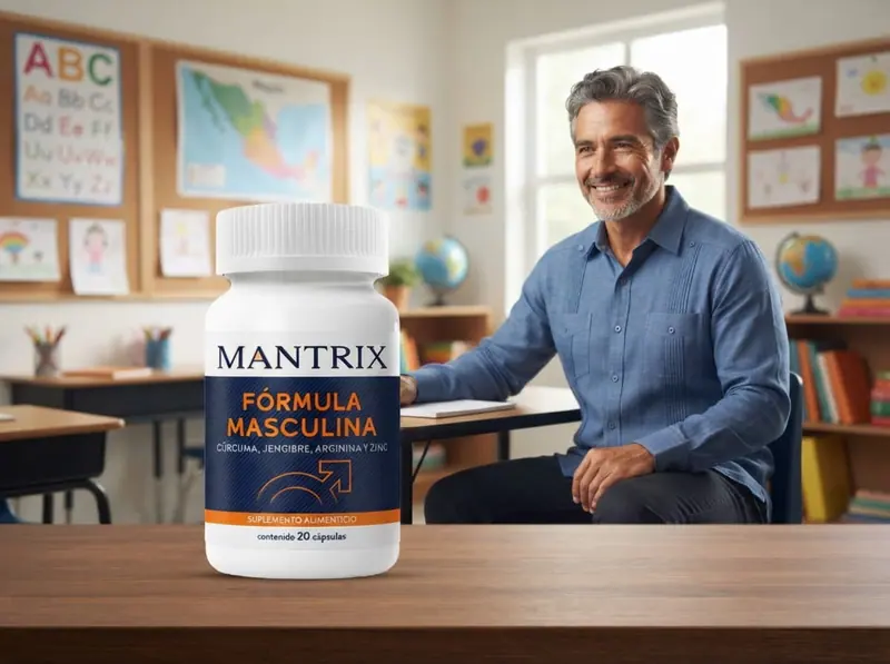 Mantrix Fórmula Masculina: maestro de primaria sonríe en su salón junto al frasco