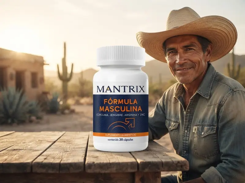 Mantrix Fórmula Masculina: hombre de rancho con sombrero al atardecer, frasco sobre la mesa