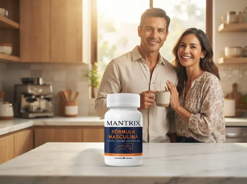 Mantrix Potencia: pareja toma café en una cocina luminosa, frasco sobre la barra de mármol
