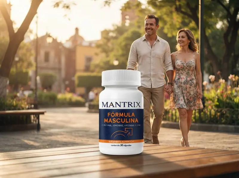 Mantrix Potencia: pareja camina por una plaza arbolada, frasco en primer plano