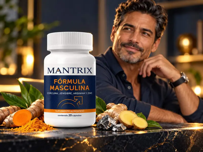 Mantrix Fórmula Masculina: hombre de mediana edad sonríe junto al frasco, con cúrcuma y jengibre sobre la mesa