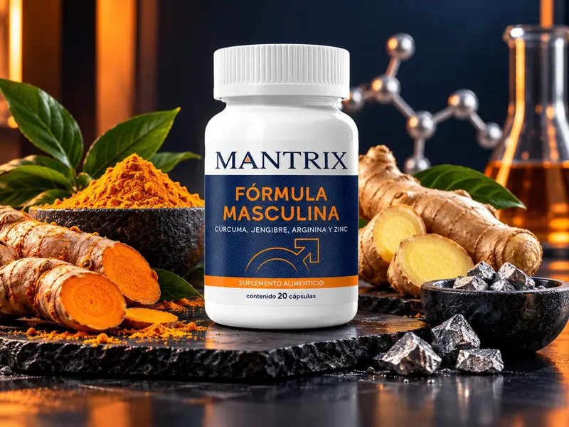 Mantrix Fórmula Masculina: frasco entre raíz de cúrcuma, jengibre y esquemas moleculares