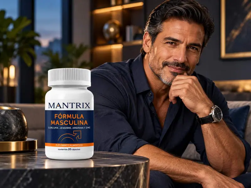 Mantrix Fórmula Masculina: hombre de barba con la mano en la barbilla y el frasco al frente