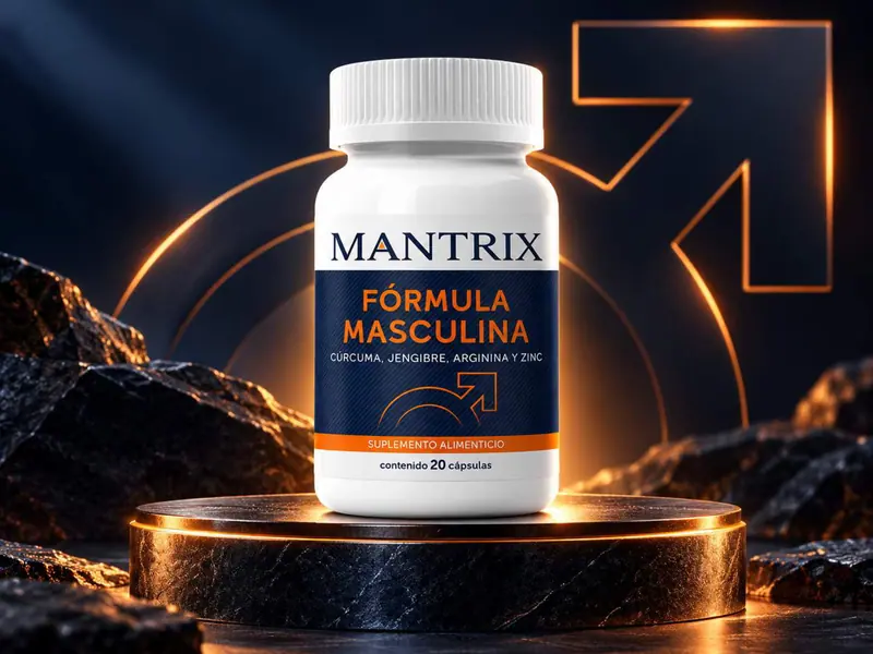 Mantrix Fórmula Masculina: frasco sobre un pedestal oscuro con el símbolo masculino dorado