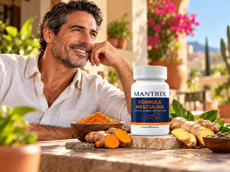 Mantrix Fórmula Masculina: hombre sonriente con camisa blanca, cúrcuma y jengibre junto al frasco
