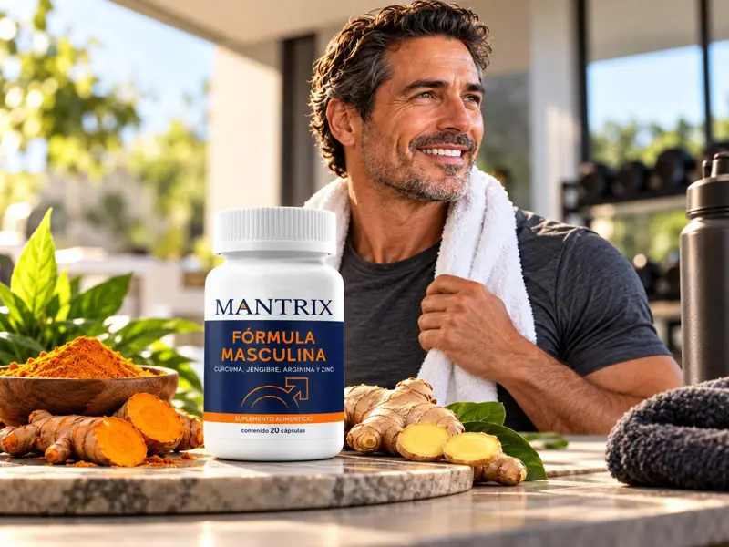 Mantrix Fórmula Masculina: hombre activo con toalla al cuello después de entrenar, frasco en primer plano