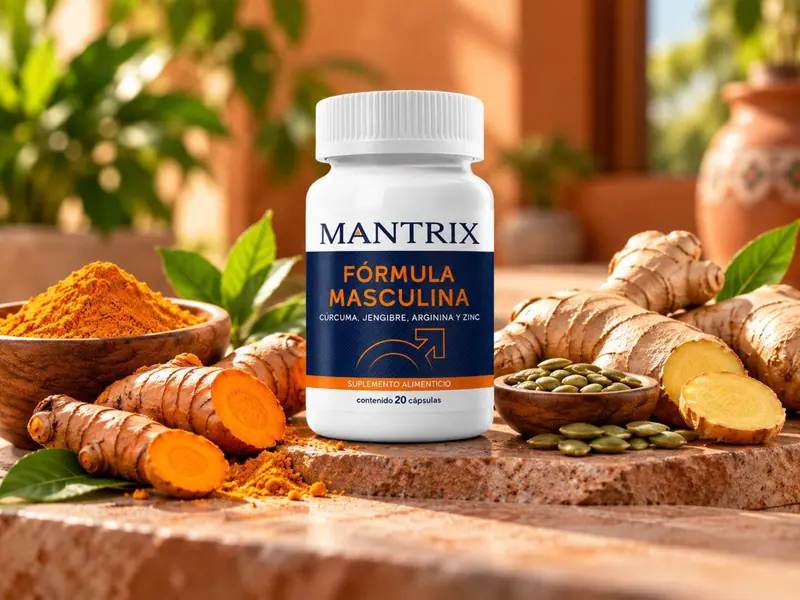 Mantrix Fórmula Masculina: frasco entre cúrcuma, jengibre y semillas sobre una mesa de barro